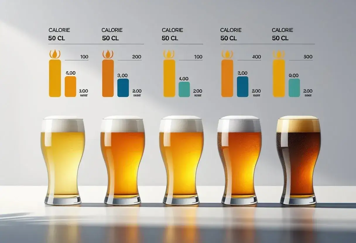 Fünf Gläser Bier mit unterschiedlichen Farben und Schaumkronen. Diagramme zeigen Kalorien pro 50 CL, z.B. 0,33 Liter Bier.