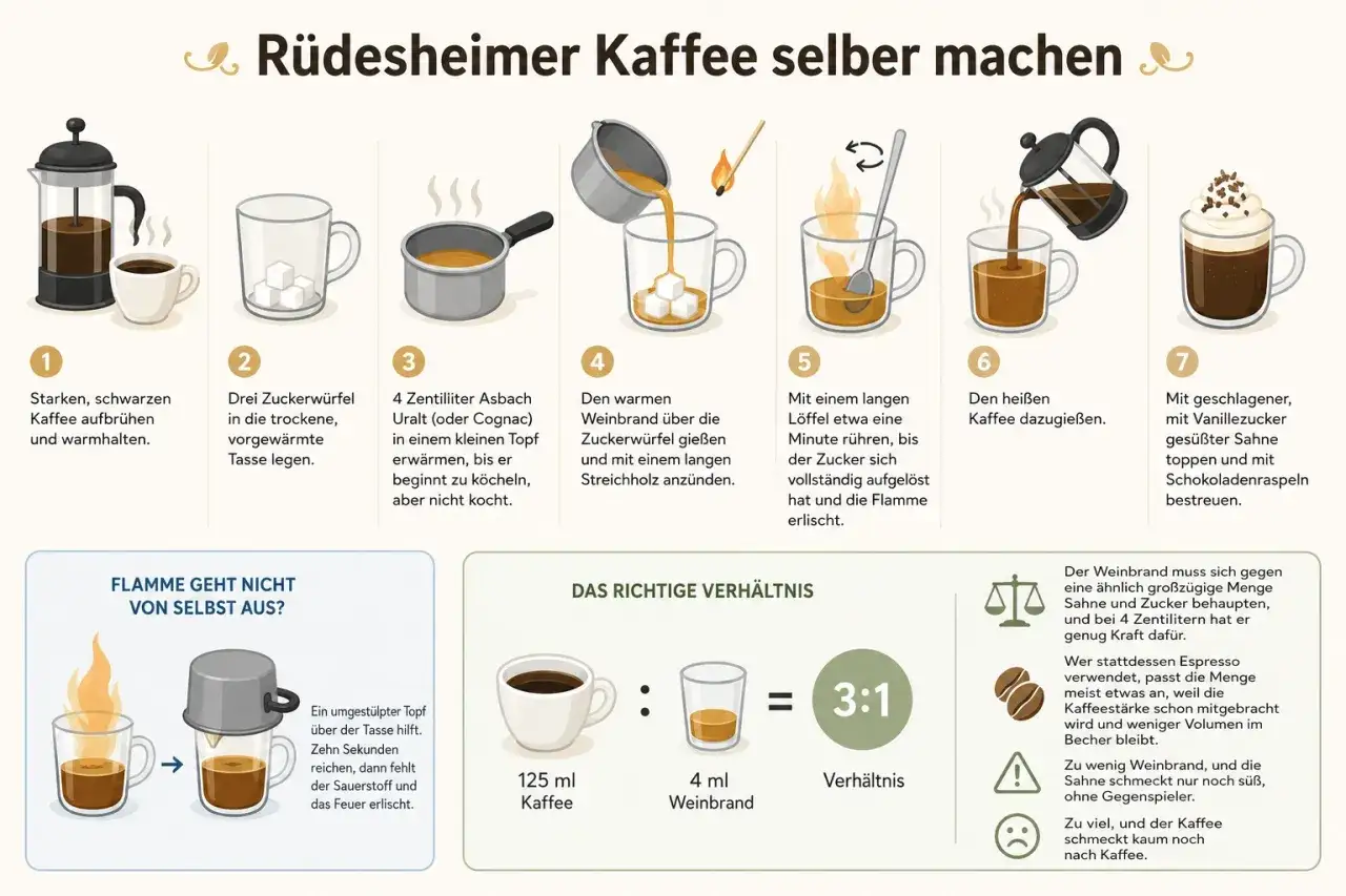 Schritt-für-Schritt-Anleitung zur Zubereitung von Rüdesheimer Kaffee mit Weinbrand: Kaffee aufbrühen, Zucker karamellisieren und flambieren, dann mit heißem Kaffee auffüllen und mit Sahne garnieren.
