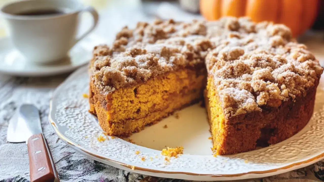 Ein saftiger Kürbiskuchen mit Streuseln, perfekt für den Herbst. Dazu eine Tasse heißer Kaffee.