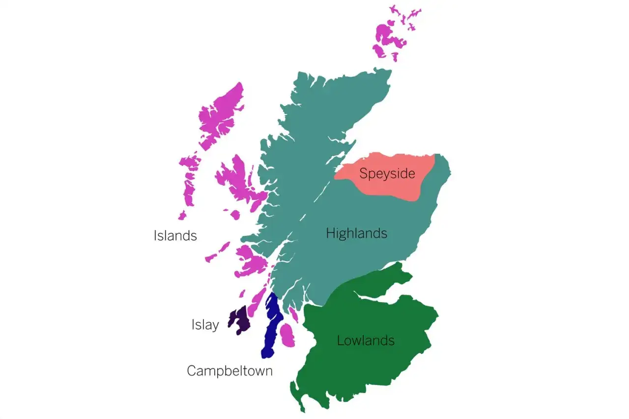 Karte Schottlands mit farblich markierten Whisky-Regionen: Highlands, Speyside, Lowlands, Islay, Campbeltown und Islands.