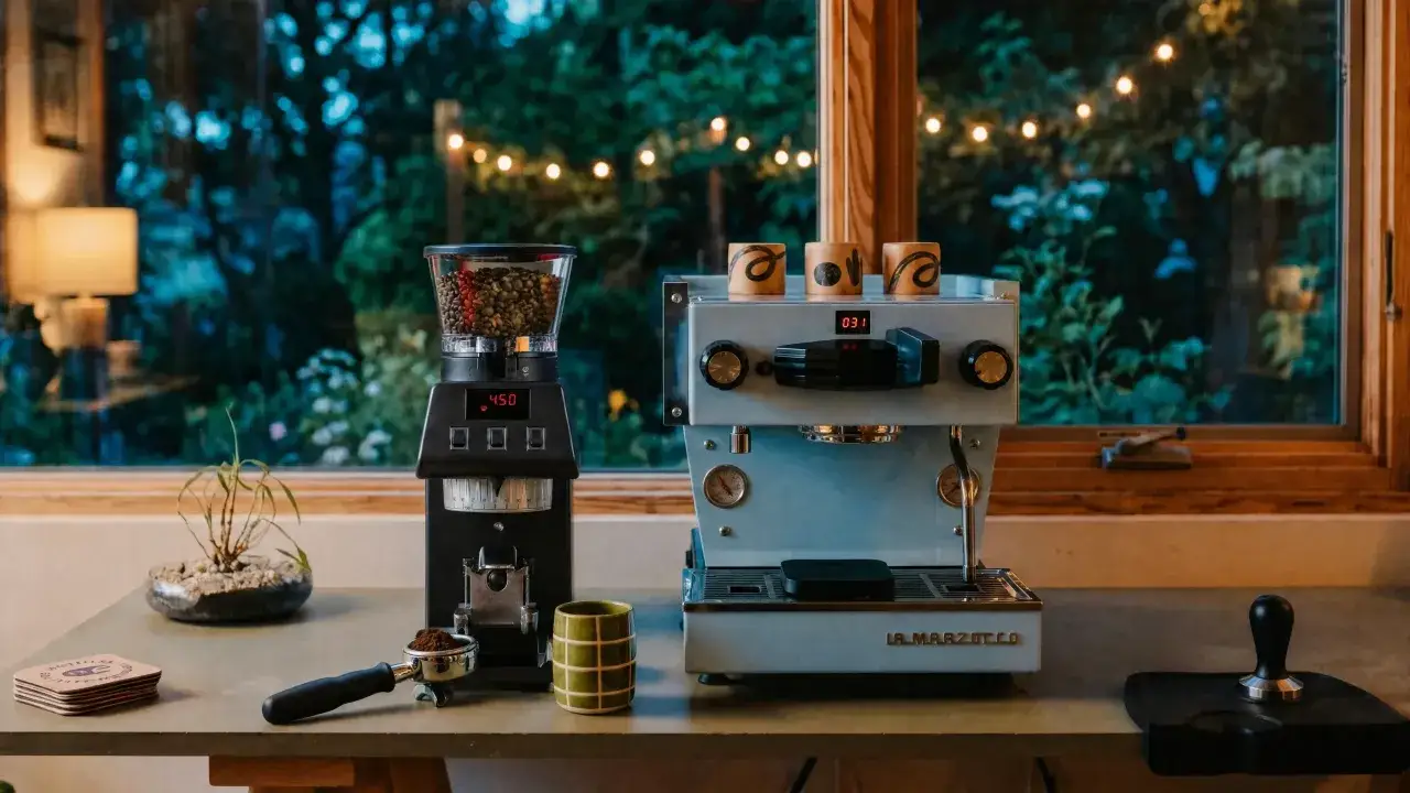 Ein Espresso am Abend: Kaffeem&uuml;hle, Espressomaschine und Zubeh&ouml;r bereit f&uuml;r den perfekten Genuss vor dem Fenster mit Lichterkette.