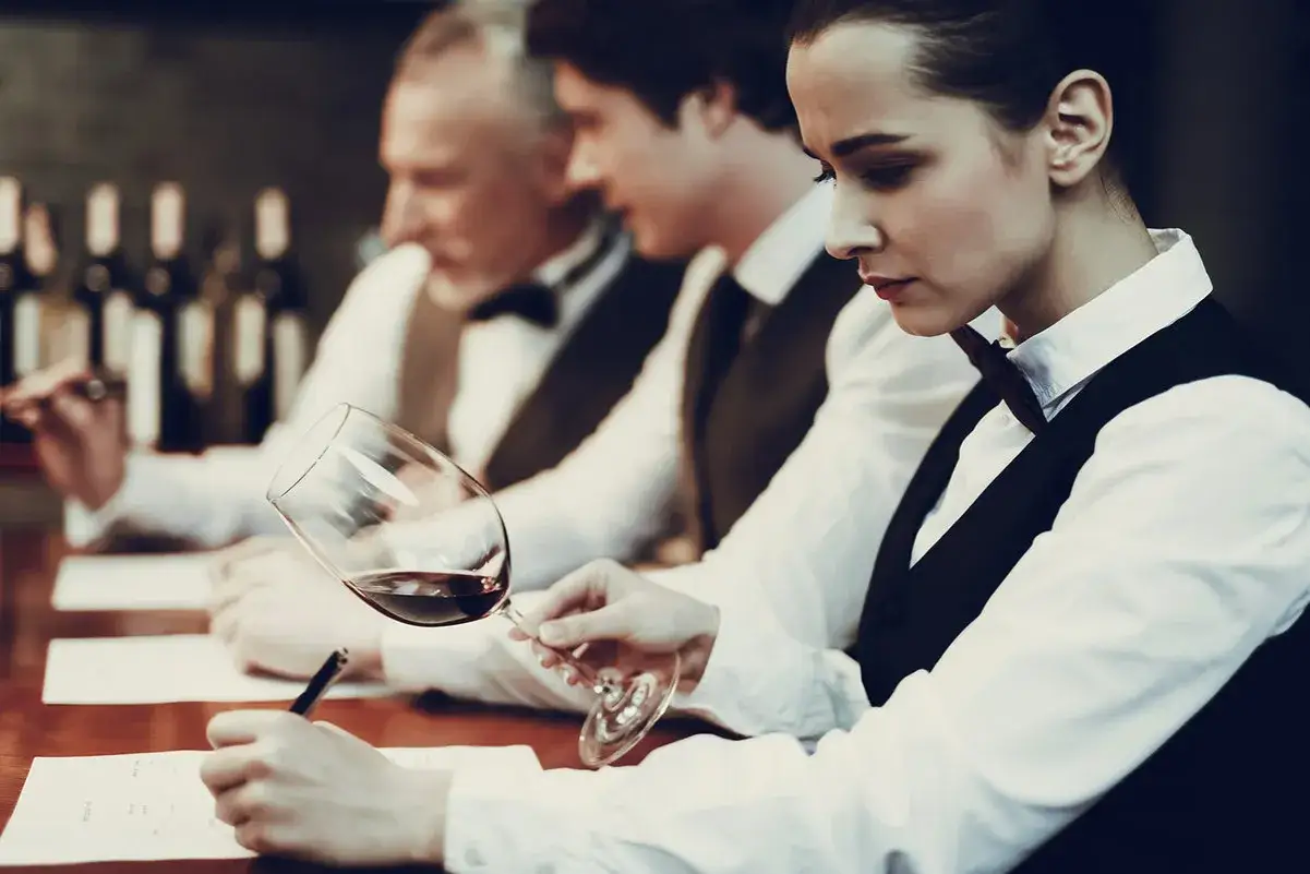 Eine Sommelier-Ausbildung: Eine junge Frau prüft konzentriert ein Glas Rotwein, während ihre Kollegen Notizen machen.