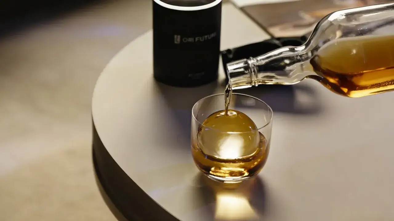Ein Glas wird mit bernsteinfarbenem Whisky aus einer Flasche gefüllt, die auf einem Tisch steht. So trinkt man Whisky.