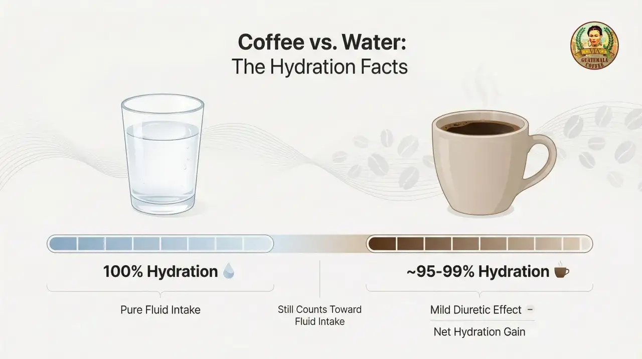 Kaffee vs. Wasser: Die Fakten zur Hydration. Während Wasser 100% Hydration liefert, bietet Kaffee ~95-99% Hydration mit mildem diuretischem Effekt.