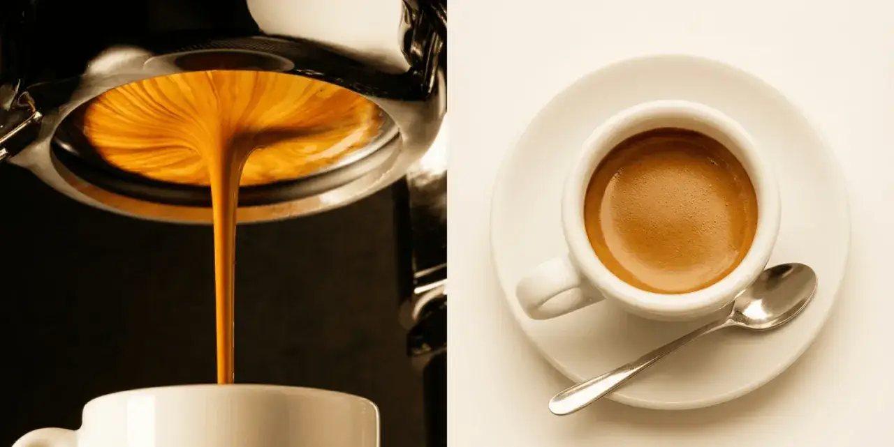 Frisch gebrühter Espresso lungo fließt in eine Tasse. Daneben eine fertige Tasse mit Crema und Löffel.