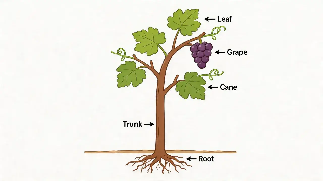 Eine schematische Darstellung zeigt, was sind Reben: Stamm, Wurzeln, Bl&auml;tter, Ranken und eine Traube.