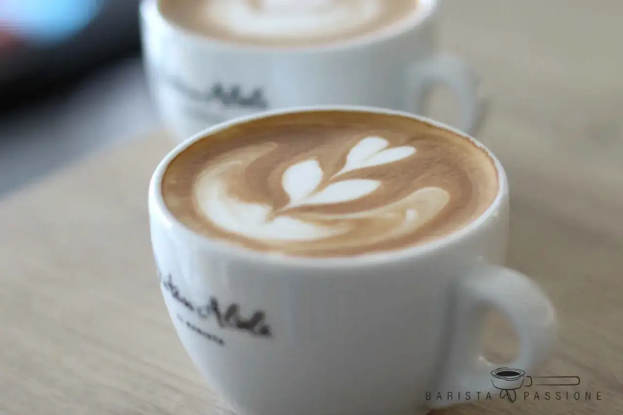 Zwei Cappuccinos mit Latte Art, die die perfekte cappuccino zusammensetzung zeigen.