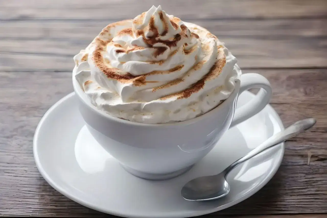 Ein cremiger Kapuziner Kaffee, üppig garniert mit Schlagsahne und Zimt, wartet auf einem Holztisch.