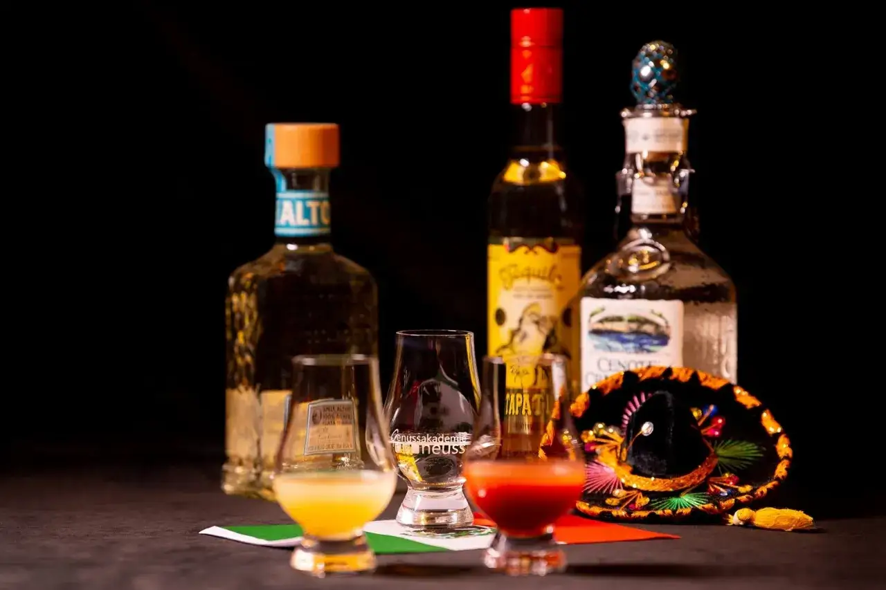 Flaschen mit Tequila und Mezcal, Gläser mit Getränken und ein Sombrero. So trinkt man Mezcal: pur oder als Cocktail.