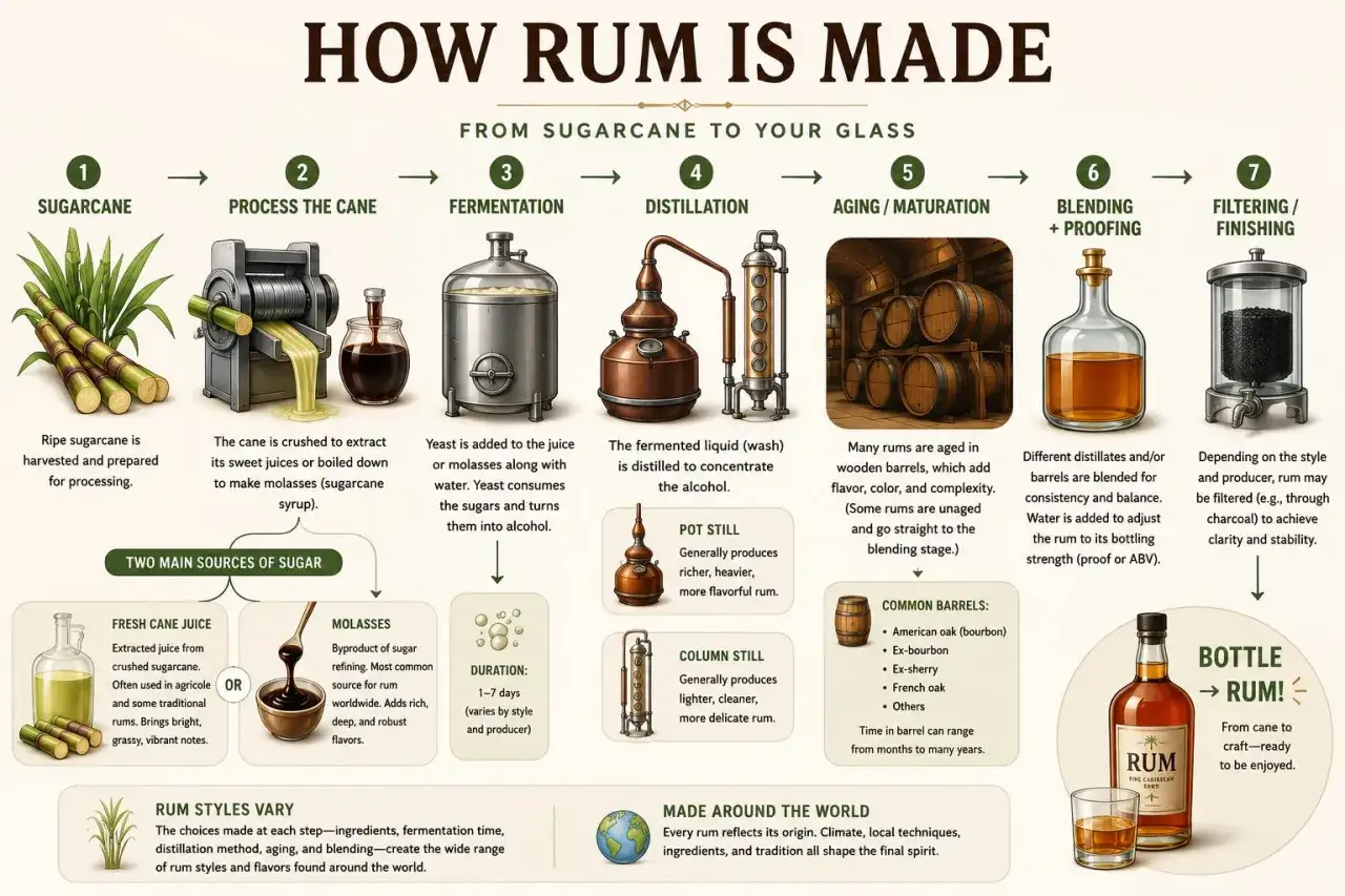 Rum herstellung kurzfassung: Von Zuckerrohr &uuml;ber G&auml;rung, Destillation, Reifung in F&auml;ssern bis zur Abf&uuml;llung &ndash; ein Prozess, der Vielfalt schafft.