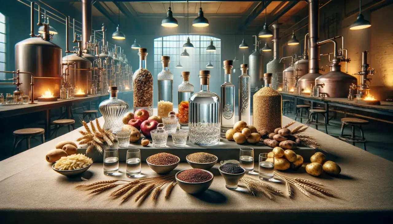 In einer Brennerei stehen Flaschen mit klarem Schnaps, Kartoffeln, Getreide und Äpfel. Hier wird gezeigt, dass Wodka glutenfrei ist.