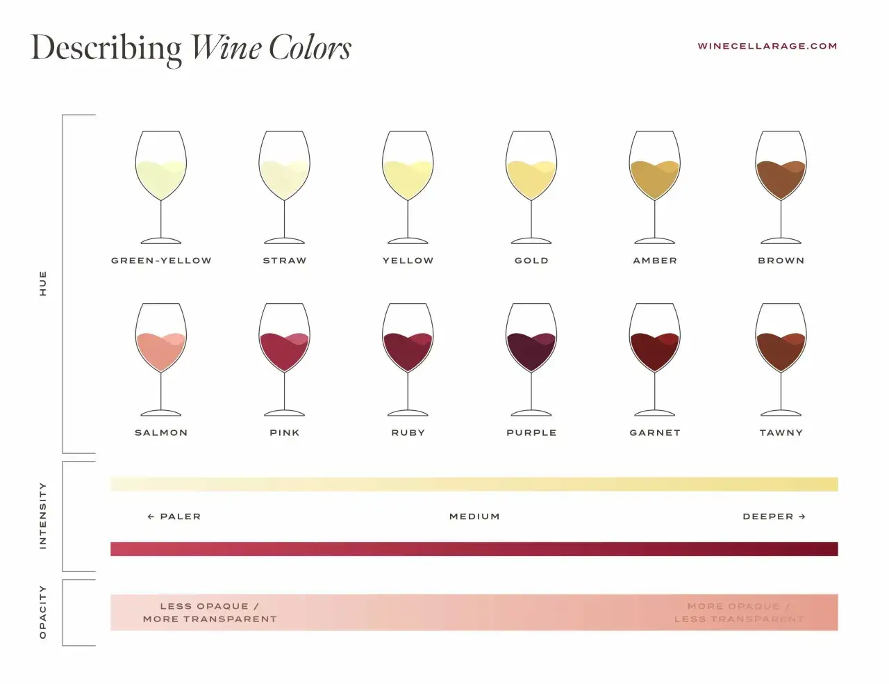 Wein-Farben: von grün-gelb über gold bis braun und von lachs über pink, rubin, purpur, granat bis tawny. Die rotwein farbe reicht von hell bis tief.