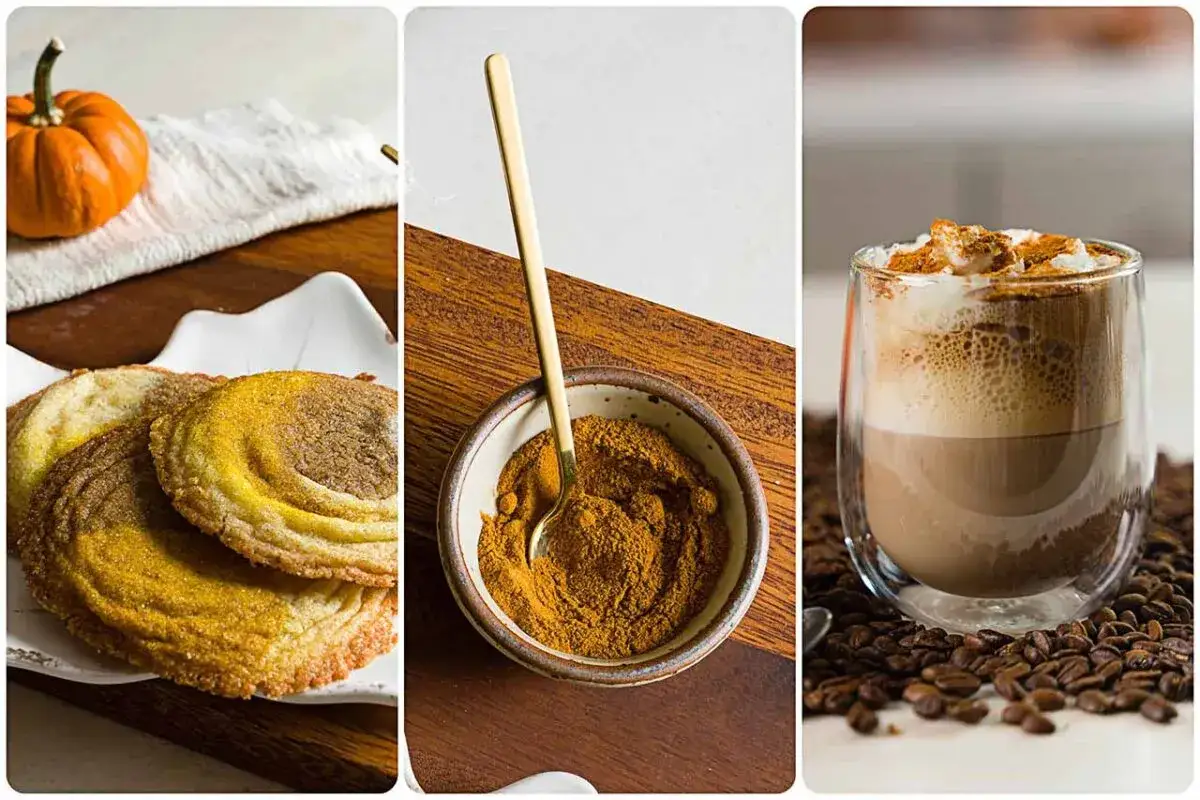 Kekse mit Zimt, eine Schüssel mit Gewürzen und ein cremiger Pumpkin Spice Latte mit Kaffeebohnen.