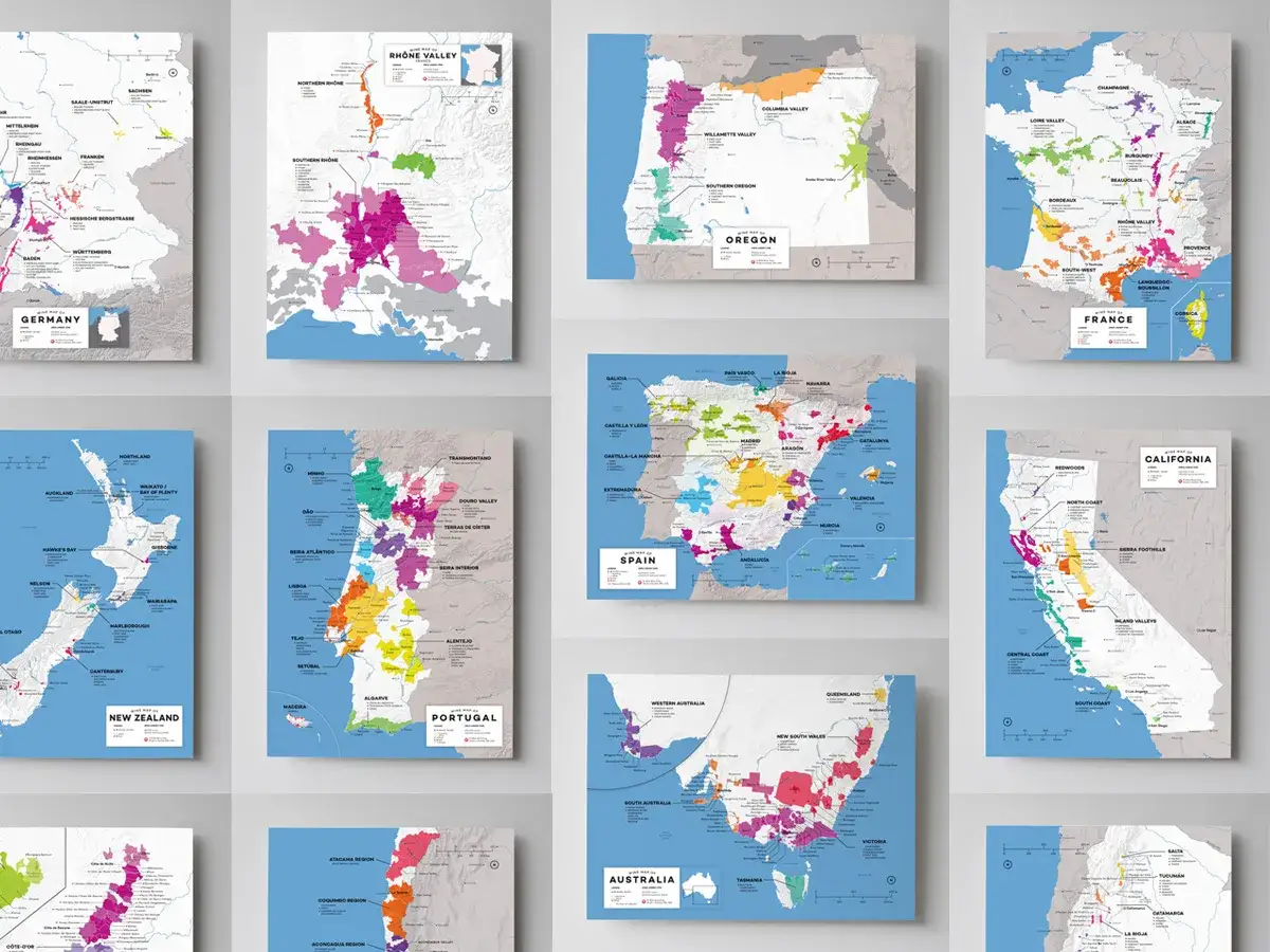 Karten zeigen die weltweite Weinproduktion mit farbigen Regionen in Deutschland, Frankreich, Spanien, Portugal, Kalifornien, Oregon, Neuseeland und Australien.