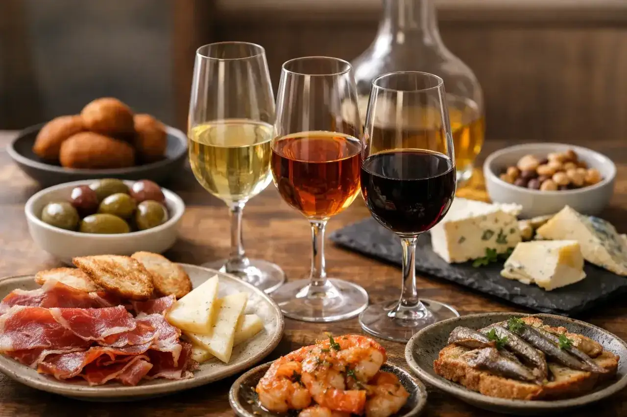 Drei Gläser Sherry, die die sherry fino bedeutung von Vielfalt und Genuss zeigen, mit Tapas wie Schinken, Garnelen und Sardinen.