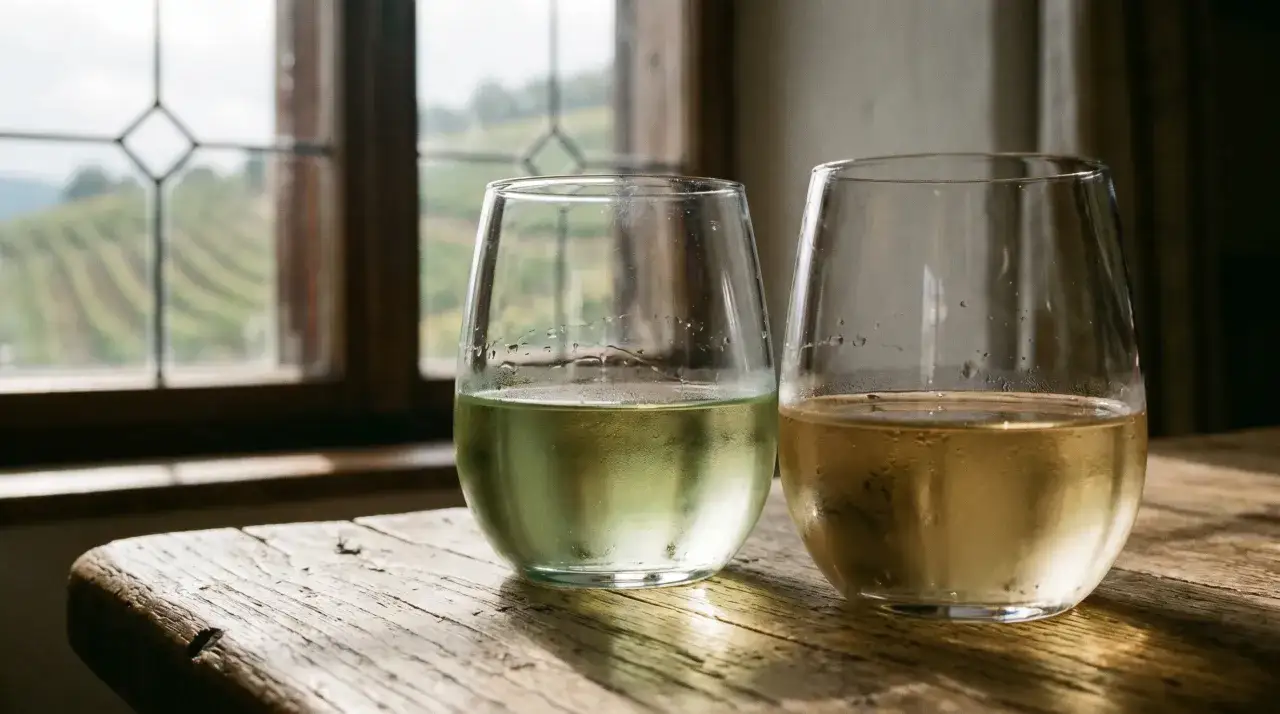 Zwei Gläser Weißwein, ein hellgrüner Chardonnay und ein goldener Riesling, stehen auf einem Holztisch vor einem Fenster mit Blick auf Weinberge.