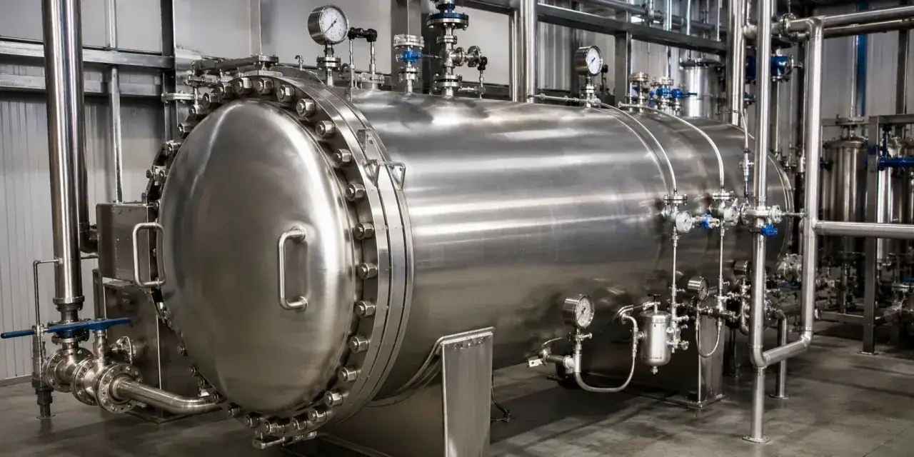 Industrielle Anlage zur Entkoffeinierung von Kaffee. Großer, glänzender Edelstahltank mit Rohren und Manometern.