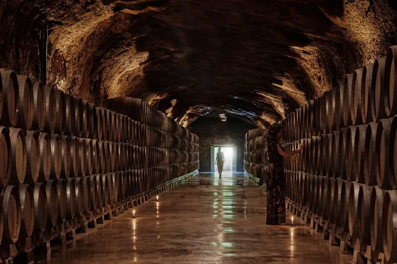 In einer Höhle in Rioja, Spanien, reift der Wein in unzähligen Fässern. Eine Frau berührt sanft ein Fass, während eine andere Person im Licht des Ausgangs steht.