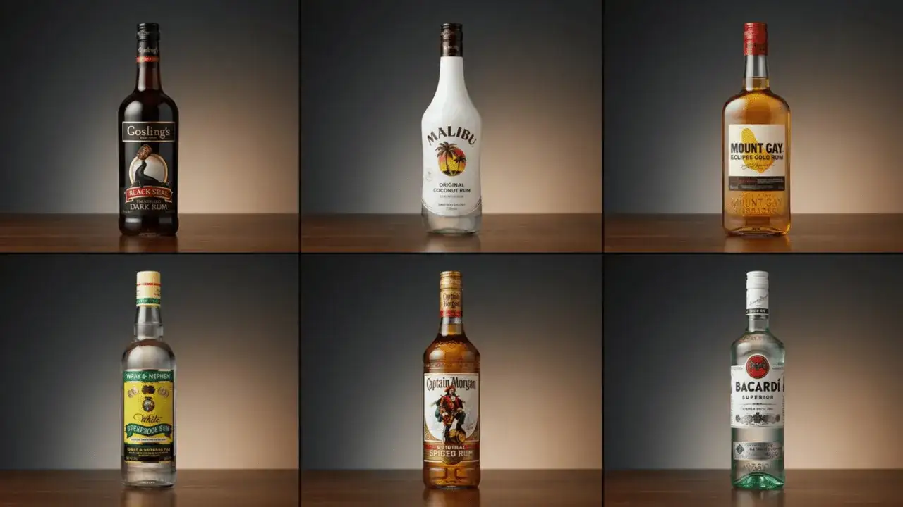 Sechs Flaschen Rum verschiedener Marken, darunter Gosling's, Malibu, Mount Gay, Wray & Nephew, Captain Morgan und Bacardi. Der Alkoholgehalt variiert je nach Sorte.