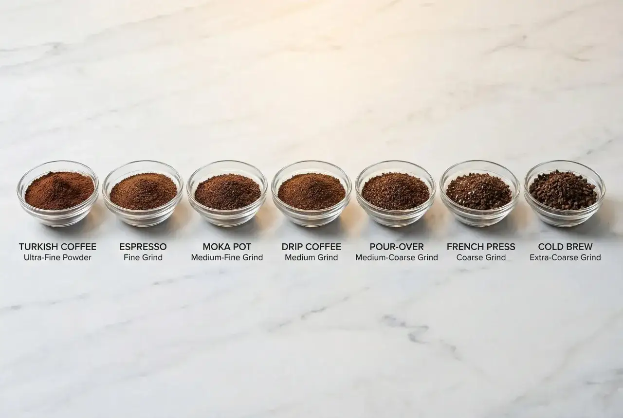Sieben Schalen mit Kaffeepulver zeigen verschiedene Mahlgrade für Filterkaffee, von ultrafein bis extra-grob.