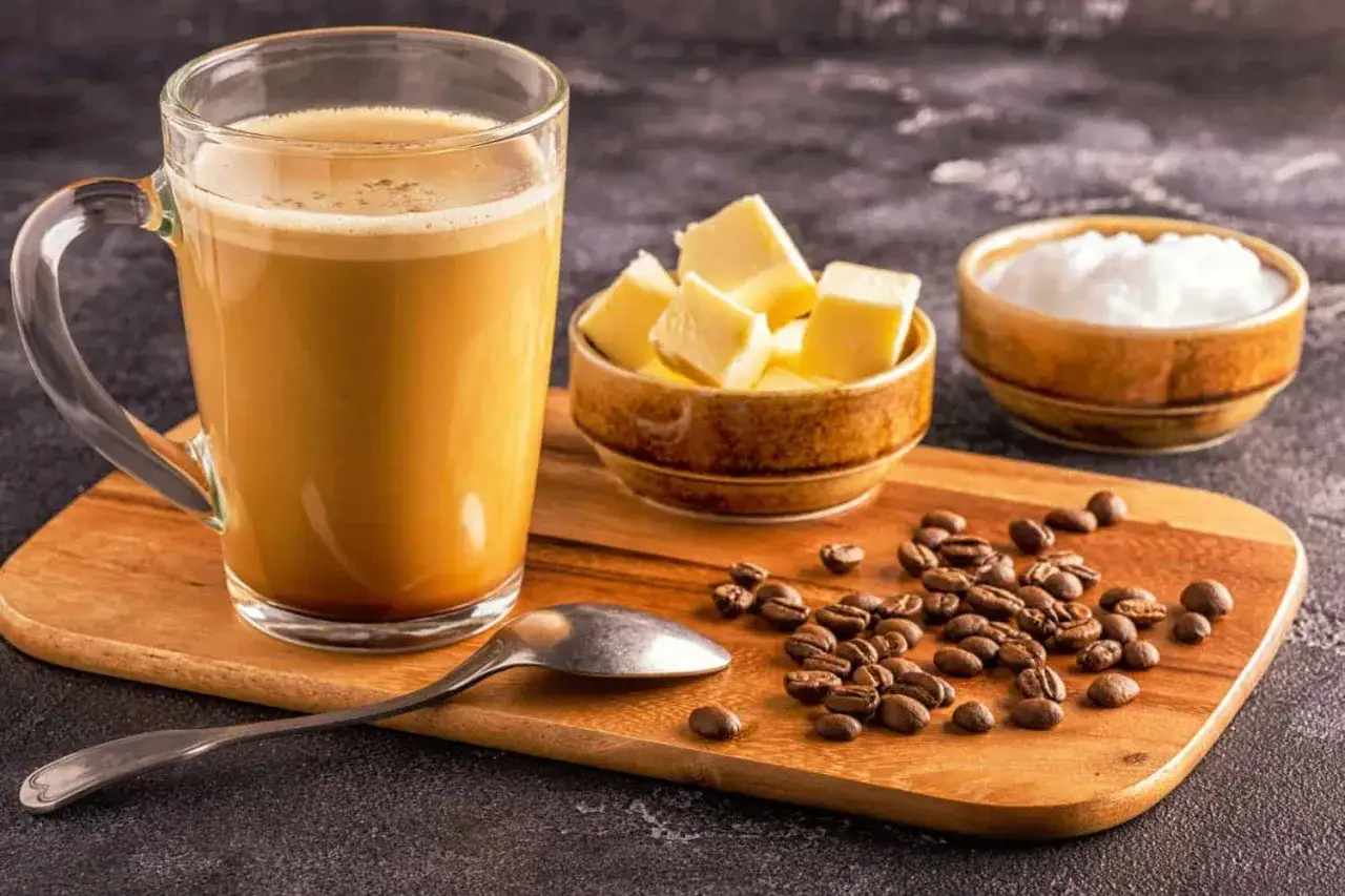 Ein Glas cremiger Bulletproof Kaffee, daneben Schüsseln mit Butterwürfeln und Kokosöl, dazu Kaffeebohnen.